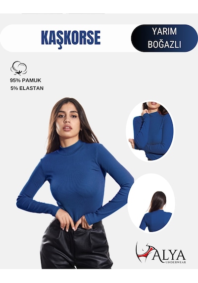 Alya Underwear Kaşkorse Yarım Boğaz Body Sweatshirt, Fitilli Kumaş, Likralı, Bordo İndigo