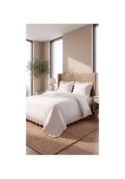 %100 Pamuk Overloklu Fırfırlı Çift Kişilik Nevresim Takımı Lastikli Çarşaflı 200x220 Cm Kırmızı - 904804703 Kırmızı