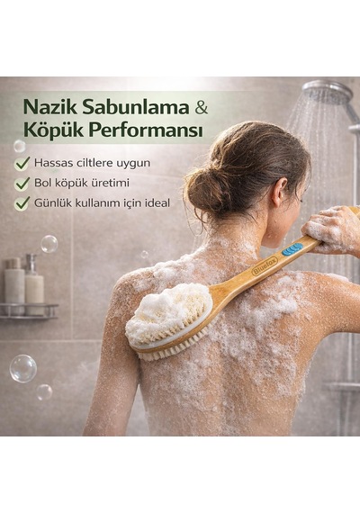Sırt Ve Vücut Temizleme Fırçası - 2 Taraflı Sert & Yumuşak Lifli, Bambu Uzun Saplı 43cm , Ölü Deri Ve Gözenek Temizleyici, Pürüzsüz Ve Canlı Cilt İçin İdeal