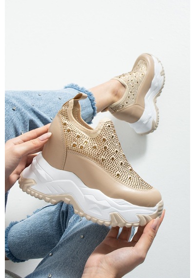 Dabab Shoes Olıvıa Bej Taş Detaylı 10 Cm Gizli Topuk Platform Slip-on Sneaker Ayakkabı