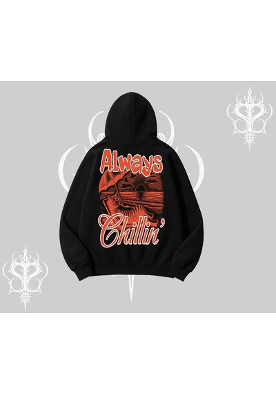 Always Chillin Kedi Arka Baskılı Kapşonlu Sweatshirt Siyah