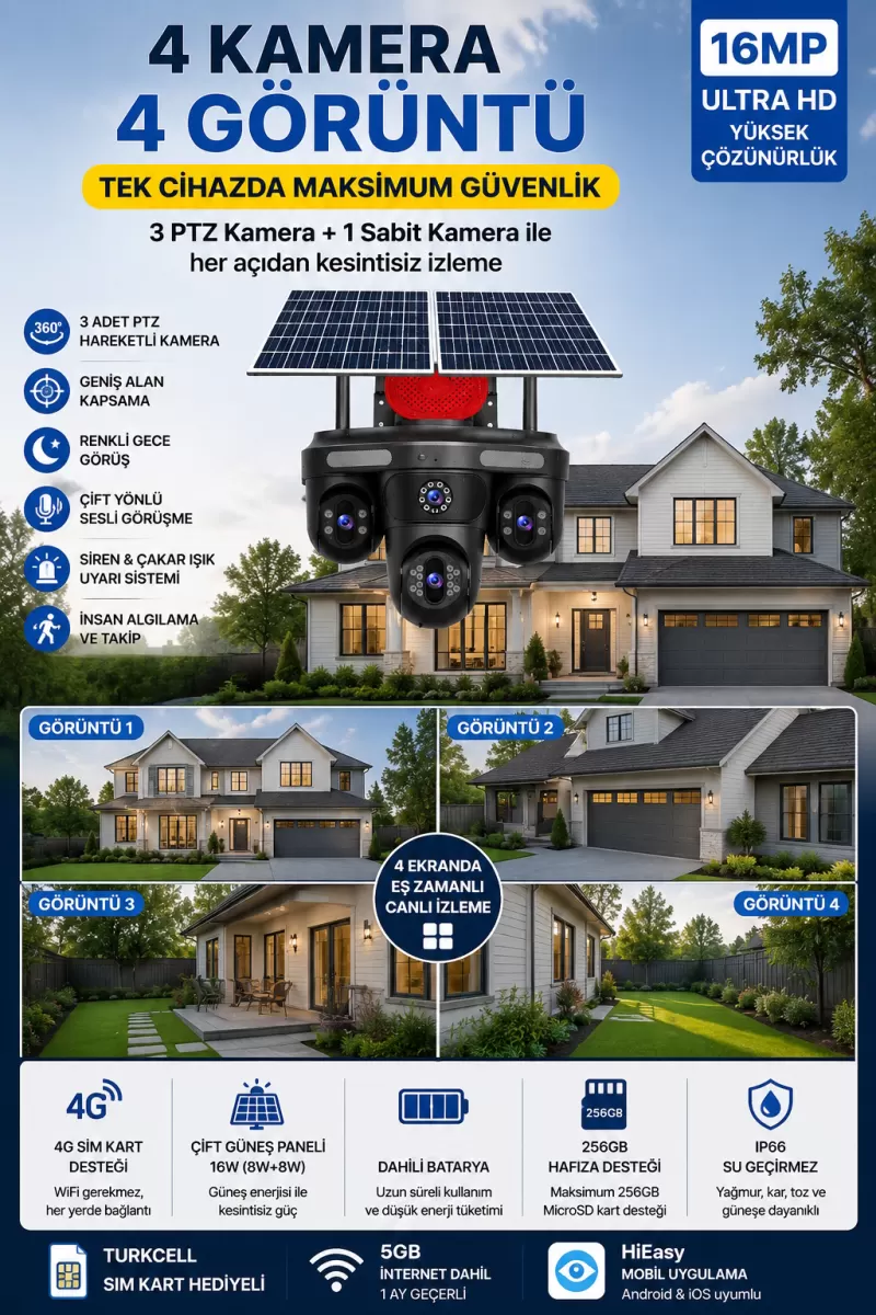 Mpıa Renora 4g16mp 4 Kameralı 3 Motorlu +1 Sabit Sirenli Çift Solar Panel Güvenlik Kamerası Hieasy