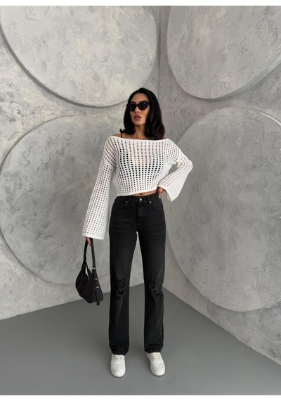 Kadın Straight Jean Yırtık Detaylı Ara Bel Boru Paça Kot Pantolon Füme Siyah+füme