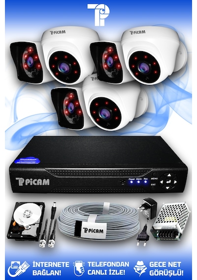 Picam 6 Kameralı Kare 3 İç Kamera Set 320 GB HDD Full HD Gece Görüşlü Güvenlik Kamerası Sistemi