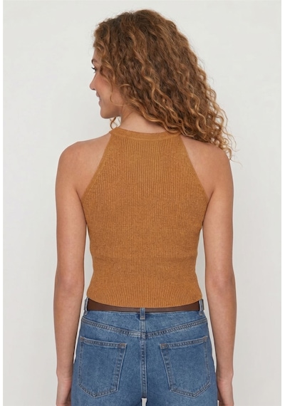 Neden Tekstil Kadın Fitilli Halter Yaka Crop Bluz - Camel