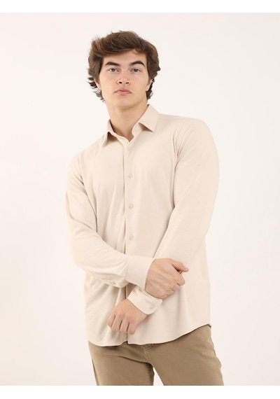 Dufy Bej Erkek Slim Fit Klasik Yaka Uzun Kol Gömlek - 97956 Bej