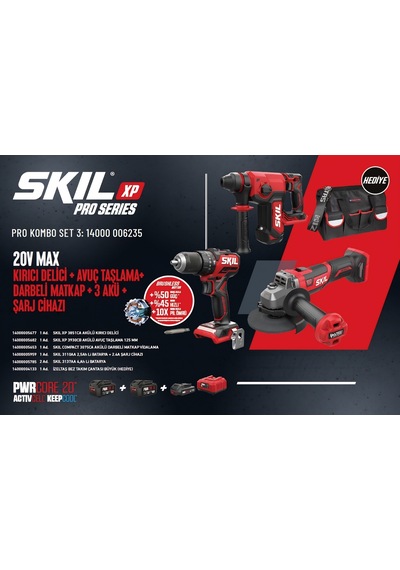 Skil Pro Kombo Set 3 3851CA 20V Max Kırıcı Delici + 3930CB Avuç Taşlama + 3075CA Darbeli Matkap + 3110AA 2.5AH Li+ Şarj Cihazı + 2 Adet 3137AA 4AH Li Akü