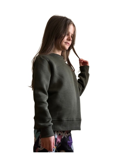 Pxm 3 Iplik Şardonlu Premium Kumaş Düz Çocuk Sweatshirt Haki Haki Yeşil Haki Yeşil