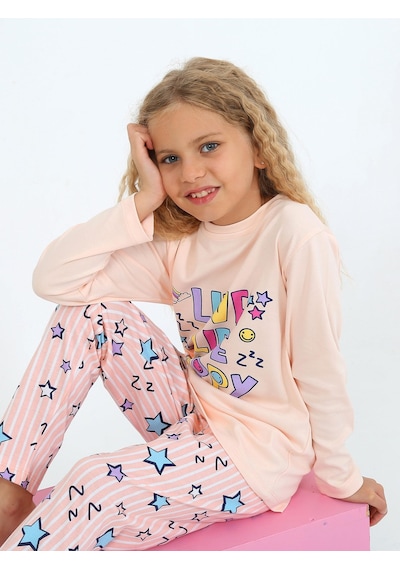 Kız Çocuk Uzun Kollu %100 Pamuklu Pijama Takımı Happy Life SOMON
