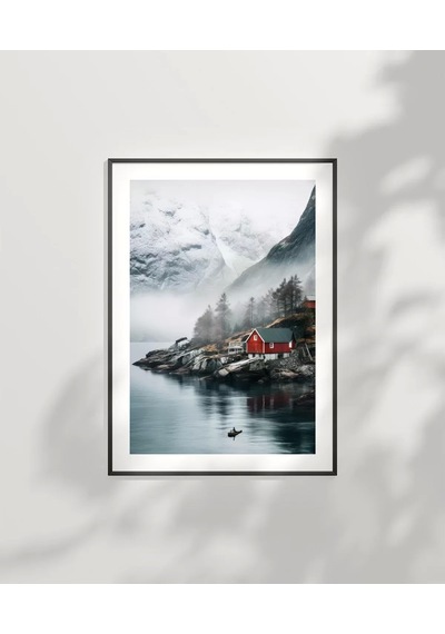 Çerçevesiz Poster Kırmızı Ev Ve Sisli Dağlar