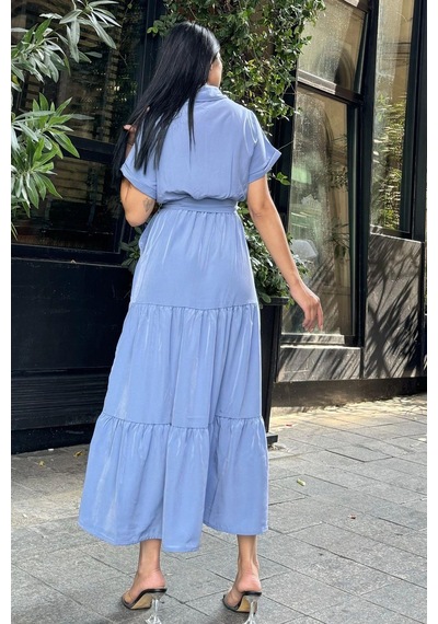 WeShaya Mavi Pliseli Kuşaklı Maxi Uzun Ceket Elbise Mavi