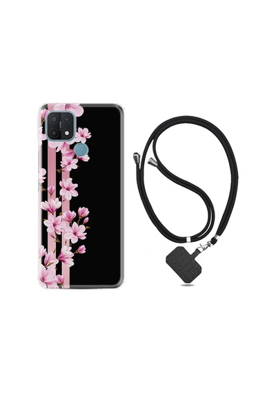 Oppo A15S Kılıf Boyun Askılı Pink Flowers 3 1393