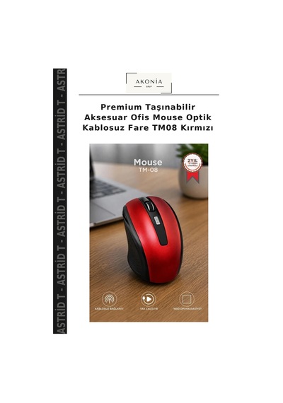 Premium Taşınabilir Aksesuar Ofis Mouse Optik Kablosuz Fare Tm08 Kırmızı