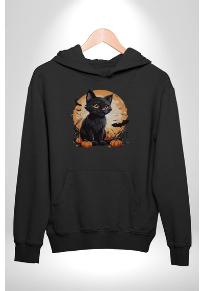 Cadılar Bayramı Kedi Kadın Erkek Siyah Kapüşonlu Sweatshirt Hoodie Siyah