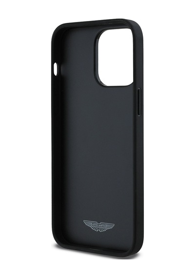 Apple Uyumlu iPhone 14 Pro Max Kılıf Aston Martin Lisanslı Victory Dizayn Deri Metal Logolu Kapak Siyah
