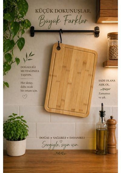 Bambu Kesme Tahtası 26x36 Cm Askılı, Oluklu, Doğal Ahşap Mutfak Kesme Ve Sunum Tahtası Açık Bej