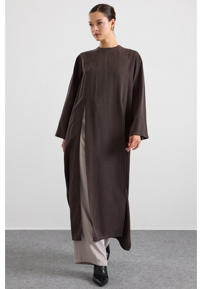 Olcay Derin Yırtmaçlı Oversize Uzun Tunik Kahve 9838
