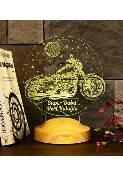 Babalar Günü Hediyesi, Süper Baba, Chopper Motorsiklet, Motor Hayranı Babaya Hediye 3 Boyutlu, 3D Led Lamba