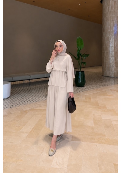 Riella Butik Ahen Oysho Kumaş Oversize Günlük Tesettür Takım Krem
