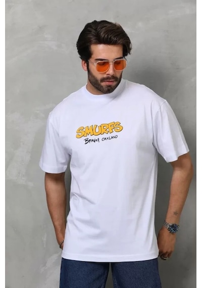 Valensdesign Unisex Bisiklet Yaka Baskılı Oversize T-shirt - Beyaz Siyah