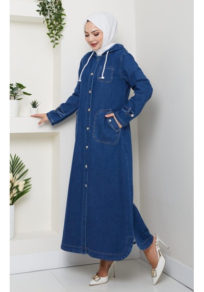 Hb Harma Time Butik Kadın Cepli Düğmeli Kapüşonlu Denim Koyu Mavi Trençkot