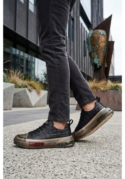 Voyager Siyah Hakiki Deri Kroko Desenli Kalın Taban Erkek Casual Ayakkabı Sneaker E058 M