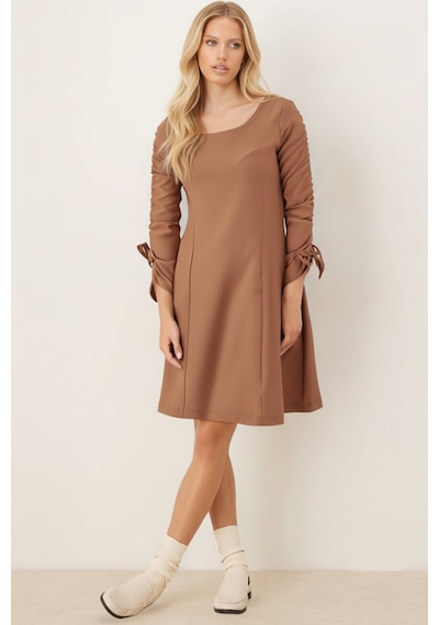 Armonika Kadın Camel Sıfır Yaka Kolları Büzgülü Kulplu Uzun Kol Elbise Arm-26k001033