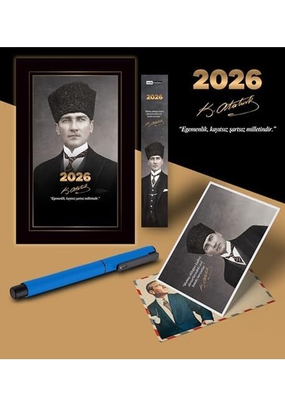 2026 Kalpaklı Atatürk Ajandası Ayraç Kartpostal Kalem - Mavi 103 Ivory