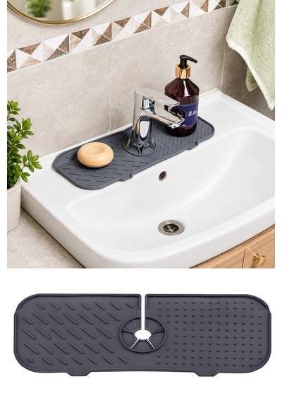 Silikon Musluk Matı Su Sıçratmaz-kaydırmaz-tahliyeli Mutfak-banyo Lavabo-sabunluk Çok Amaçlı Tezgah-evye Düzenleyici Gri