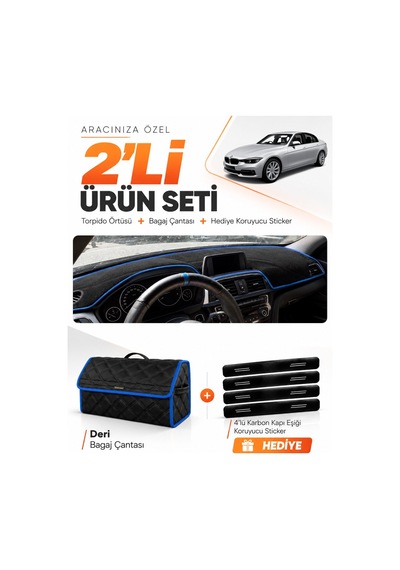 Bmw F30 2010-2018 Uyumlu Torpido Örtüsü + Deri Bagaj Çantası + Sticker Seti - Siyah Mavi