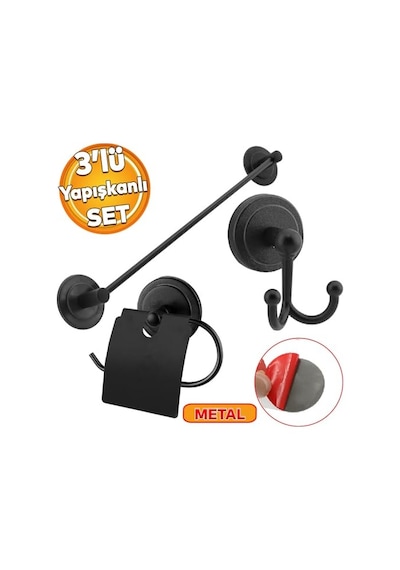 Lavabo Banyo Wc Yapışkanlı Siyah Metal Sağlam Aparat Bez Havlu Çatal Askı Tuvalet Kağıtlık 3'lü Set Çok Renkli