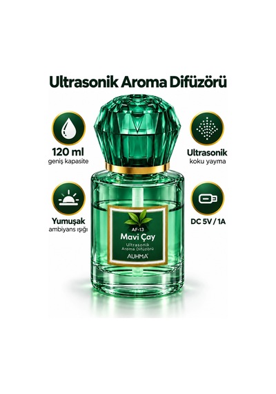 Auhma Af-13 Yeşil Araç Ve Ev Kokusu Difüzörü 120 Ml Kristal Işıklı Hava Nemlendirici Koku Makinesi