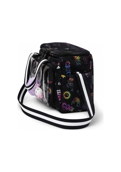 Çocuk Termal Okul Beslenme Çantası Şeffaf Cepli Peluş Aksesuarlı Omuz Askılı Lunch Bag Siyah