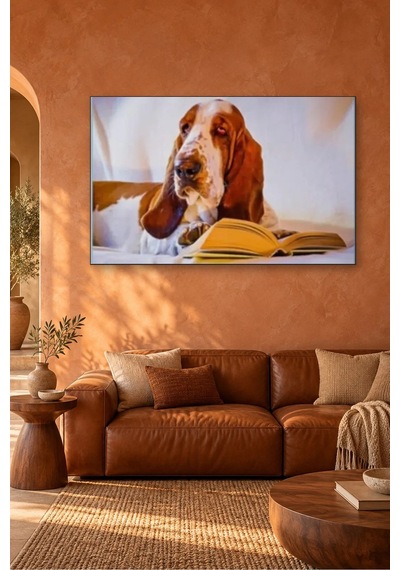 Fida Kitap Okuyan Basset Hound Canvas Tablo Çok Renkli
