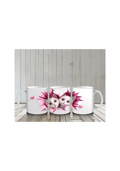 Pembe Kalplerle Süslenmiş Tatlı Kedi Çifti Baskılı Kahve Kupası Renkli