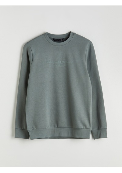 Lcwaıkıkı Classic Yeşil Standart Kalıp Bisiklet Yaka Baskılı Erkek Kalın Sweatshirt