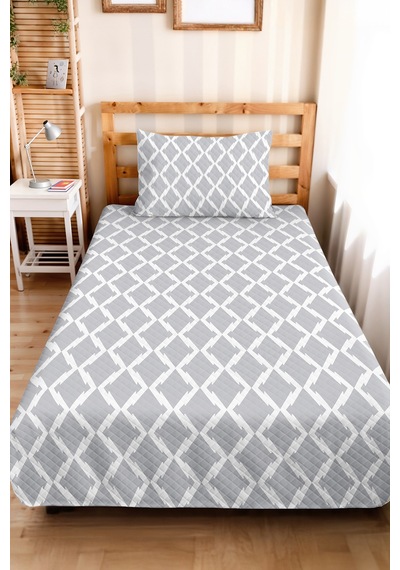 Gri Geometrik Modern Genç Odası Tek Kişilik Pike Takımı - Minimal 160x220 Cm Kapitone Yatak Örtüsü Mumlu Halı Eşiği