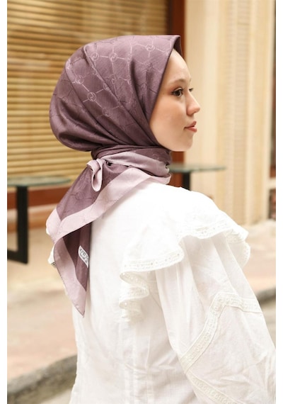 Premium Lux Original Monogram Şal İpek Vual, Yüksek Kalite, Hafif, Rahat, Şık, Tesettür, Shawl Mor - Çift Şeritli