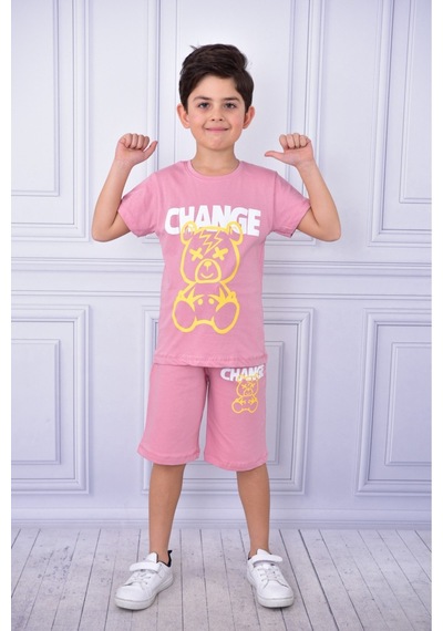 Veramoni Unisex Change Baskılı Çocuk Kısa Kol Yazlık Beli Lastikli Cepli Şort Alt Üst Takım Pembe