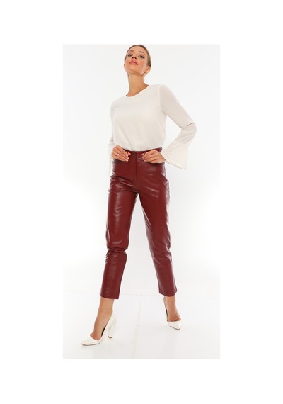 Dericeketim Kadın Kırmızı Gerçek Deri Kot Model Deri Pantolon