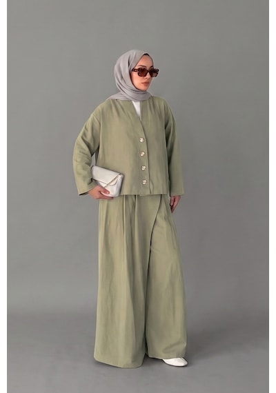 Norshen Kruvaze Kesim Düğmeli Bluz & Etek Görünümlü Geniş Paça Pantolon - Keten Takım Haki
