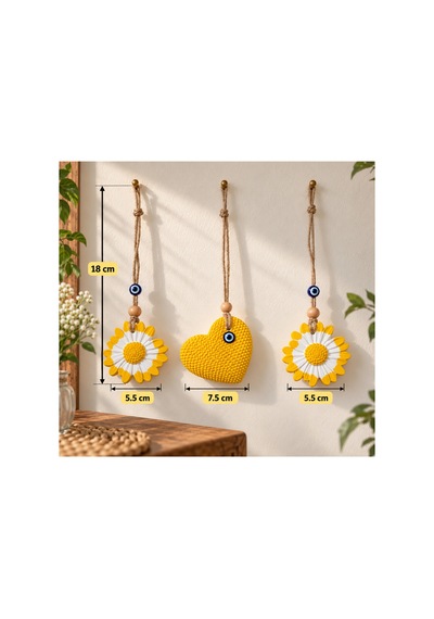 Sarı Papatya Ve Kalp Figürlü Nazar Boncuklu Dekoratif Duvar Süsü 3'lü Set Sarı - 938370784 Sarı - 938370784