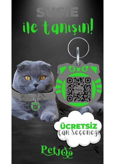 Petjoo 3.Susie Yeşil-Gri Qr'lı Kedi Künyesi