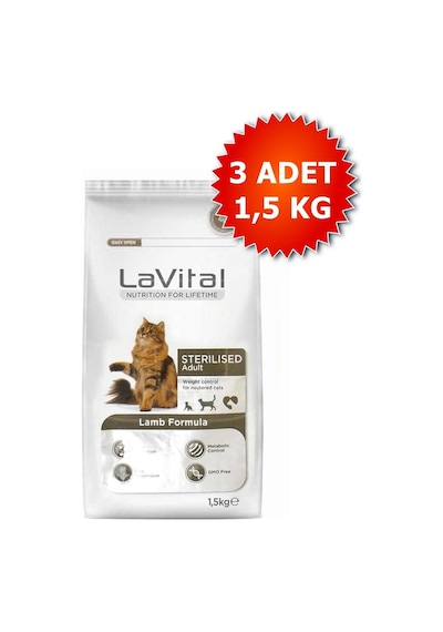 Lavital Kısırlaştırılmış Kuzu Etli Yetişkin Kedi Maması 3 x 1500 G