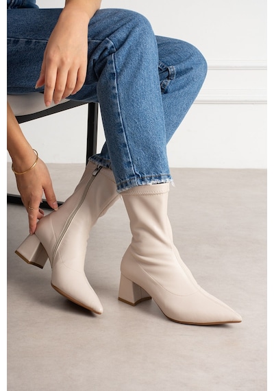 Dabab Shoes Neva Kadın Bej Streç Cilt Sivri Burun Fermuarlı 6 Cm Kalın Topuklu Bot Bootie