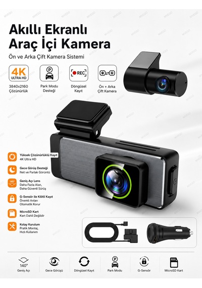 Blc 4k Ultra Hd Araç İçi Kamera Ön Ve Arka Çift Kameralı Akıllı Ekranlı Dash Cam Gece Görüşlü G-sensörlü 140 Geniş Açı Microsd Kart Destekli