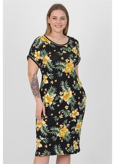 Neşeli Butik Kadın Viskon Çiçek Desenli Büyük Beden Yazlık Elbise Aysl30 Sarı