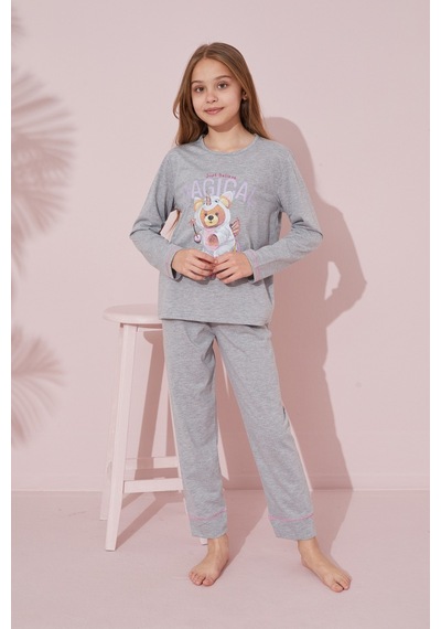 Siyah İnci Baskılı Pamuklu Örme Pijama Takım 24241095 Gri