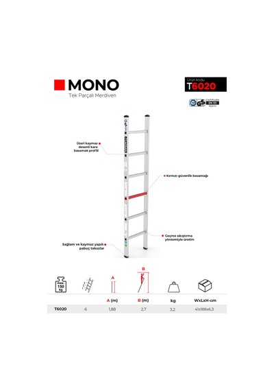 Çağsan T6020 6 Basamaklı Mono Tek Parçalı Alüminyum Merdiven