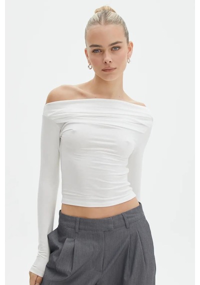 Seeh Beyaz Kayık Yaka Büzgülü Kadın Body Sh225